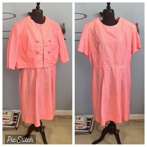 1960s Lane Bryant Gingham Coral Midi Dress With Jacket True Vintage 2XL